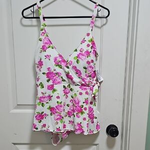 Betsey Johnson Pink and White One Piece Swimsuit L